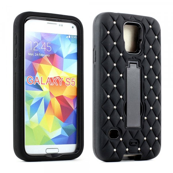 Wholesale Samsung Galaxy S5 Diamond Armor Hybrid Case w Stand (Black Black)